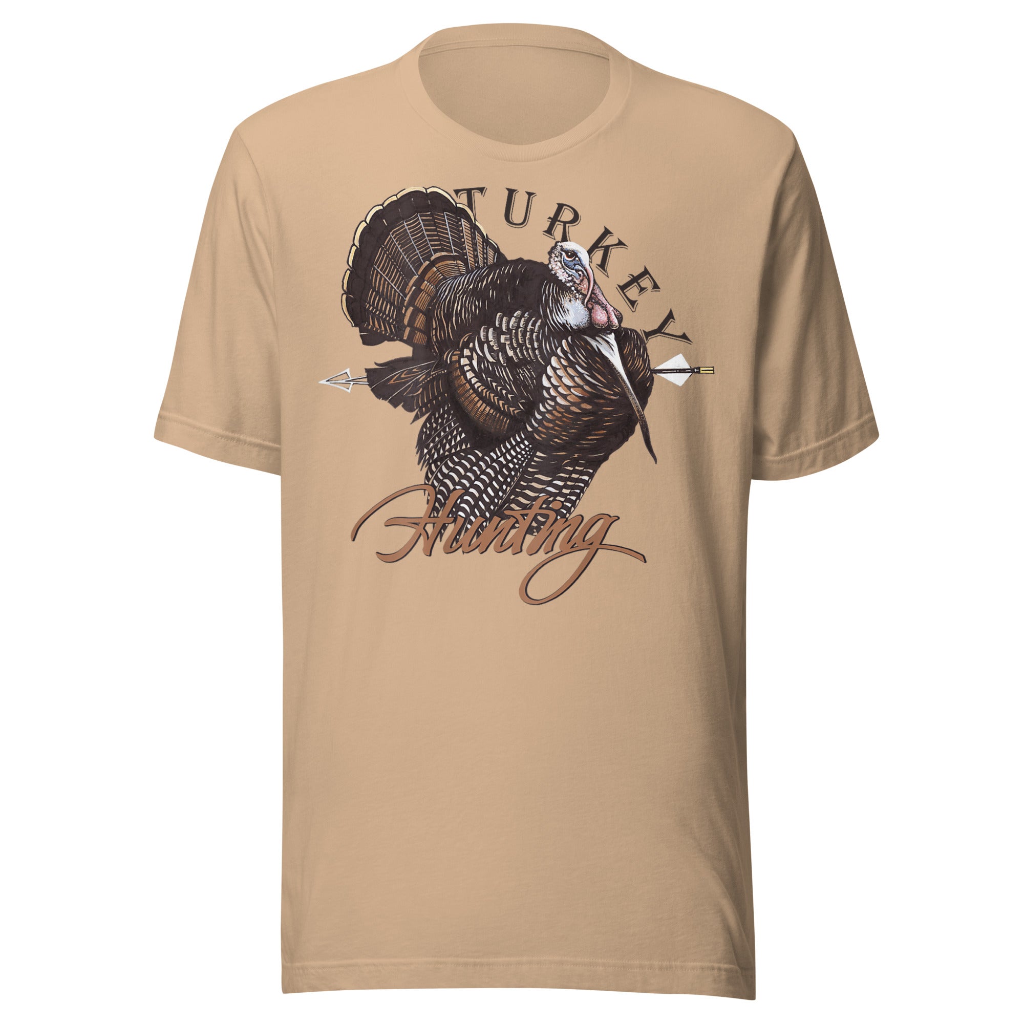 Archery hunting shirt in tan, bow hunter turkey design, lightweight combed cotton perfect for hunting season