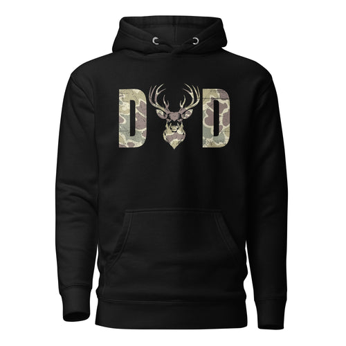 Camo deer DAD design on black hunting hoodie
