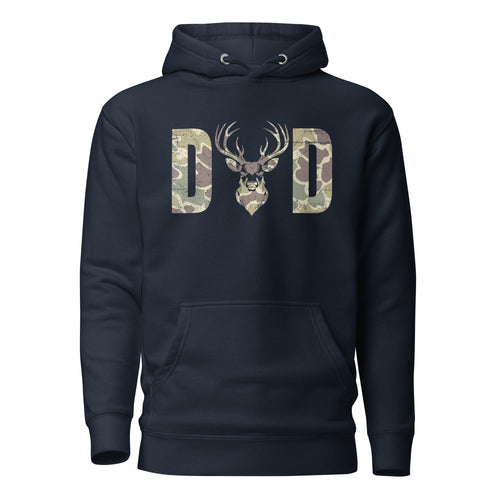 Camo deer DAD design on navy hunting hoodie