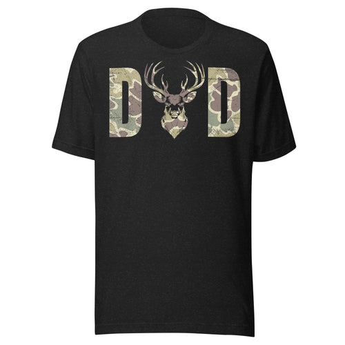 Camo deer DAD design on black heather hunting t-shirt