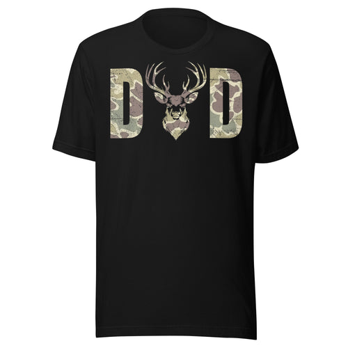 Camo deer DAD design on black hunting t-shirt
