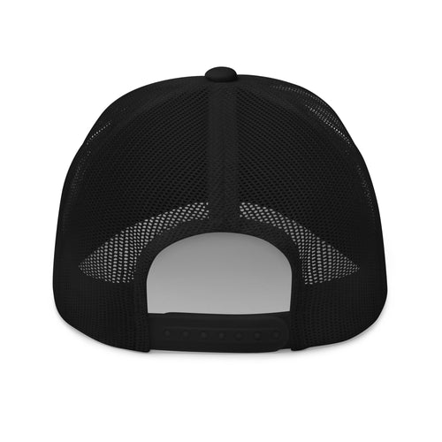 Black trucker hat back view with mesh panels