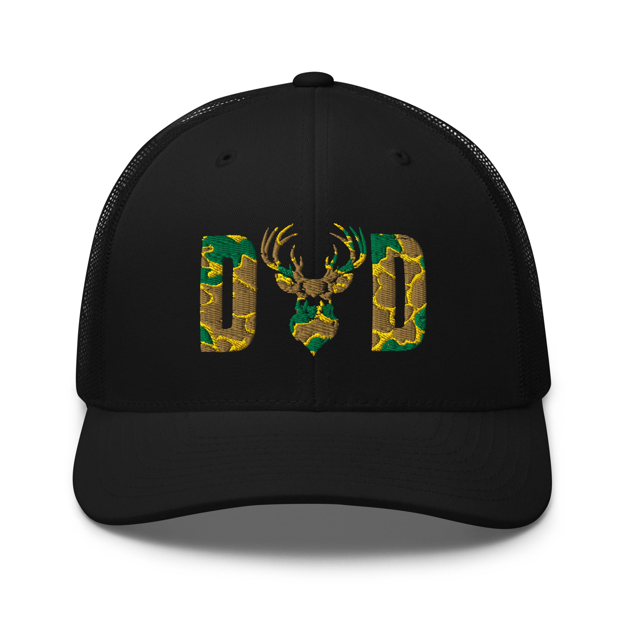 Camo deer DAD design on black trucker hat front view | Hunting gift for dads