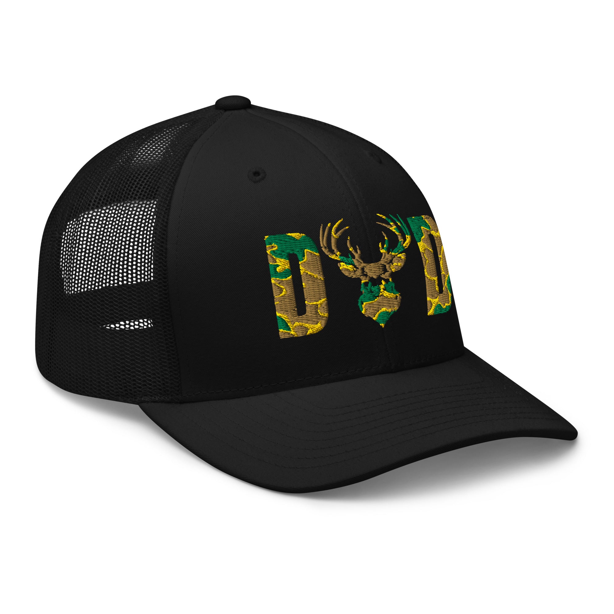 Camo deer DAD design on black trucker hat right side view