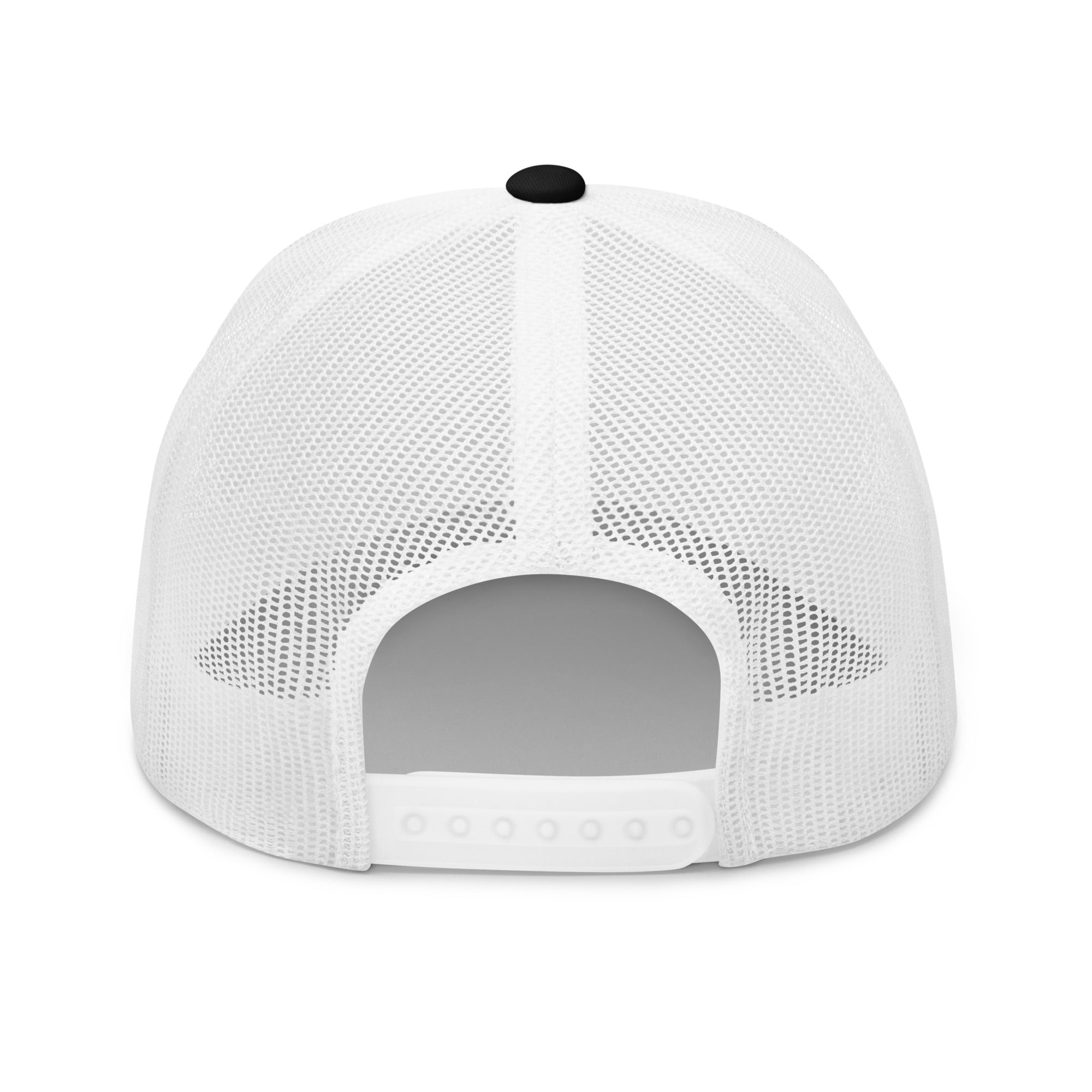 Black and white trucker hat back view with mesh