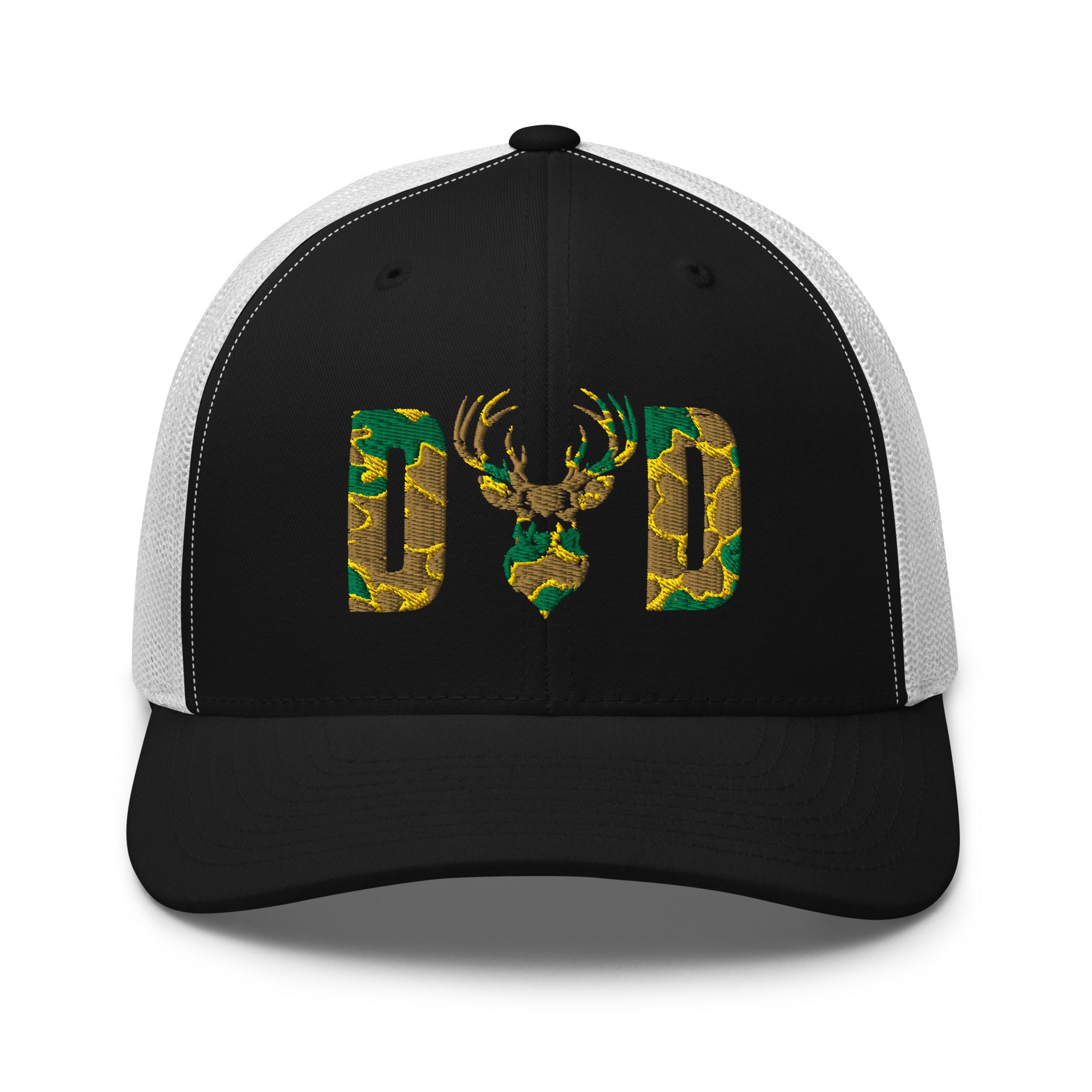 Camo deer DAD design on black and white trucker hat front view