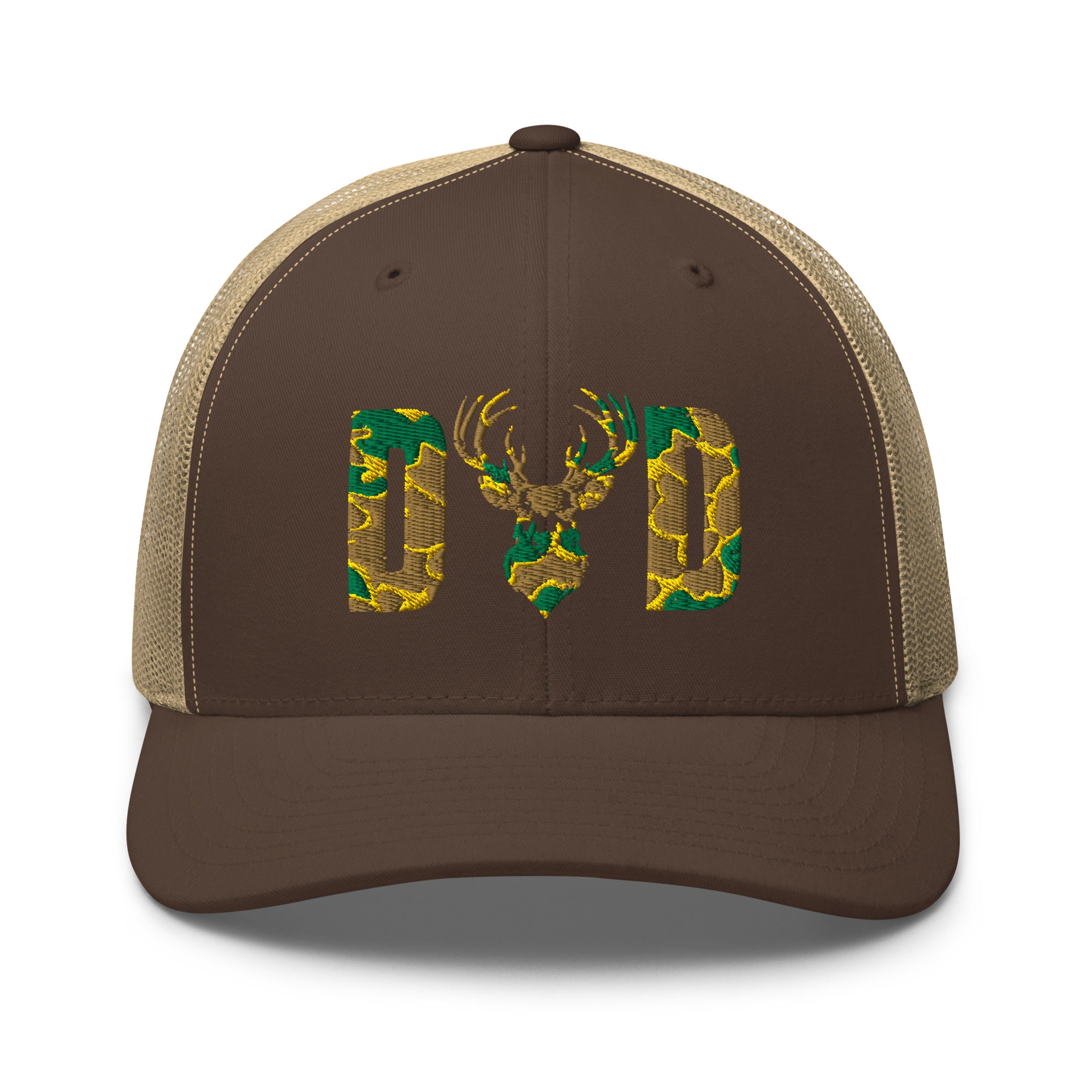 Camo deer DAD design on brown and khaki trucker hat front view | Dad gift for hunters
