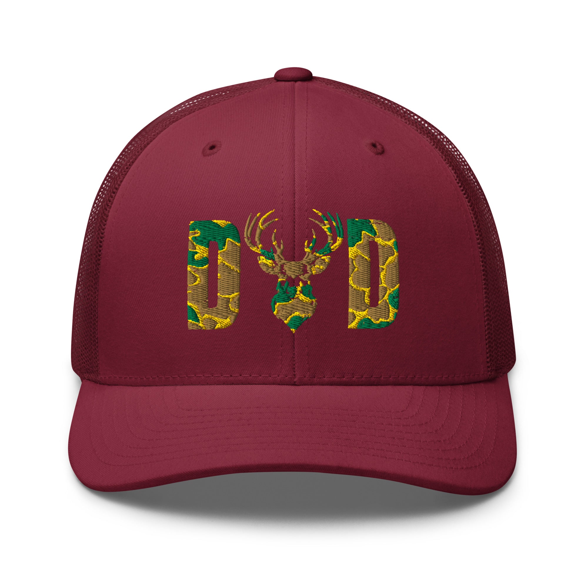 Camo deer DAD design on cranberry trucker hat front view | gift for hunters