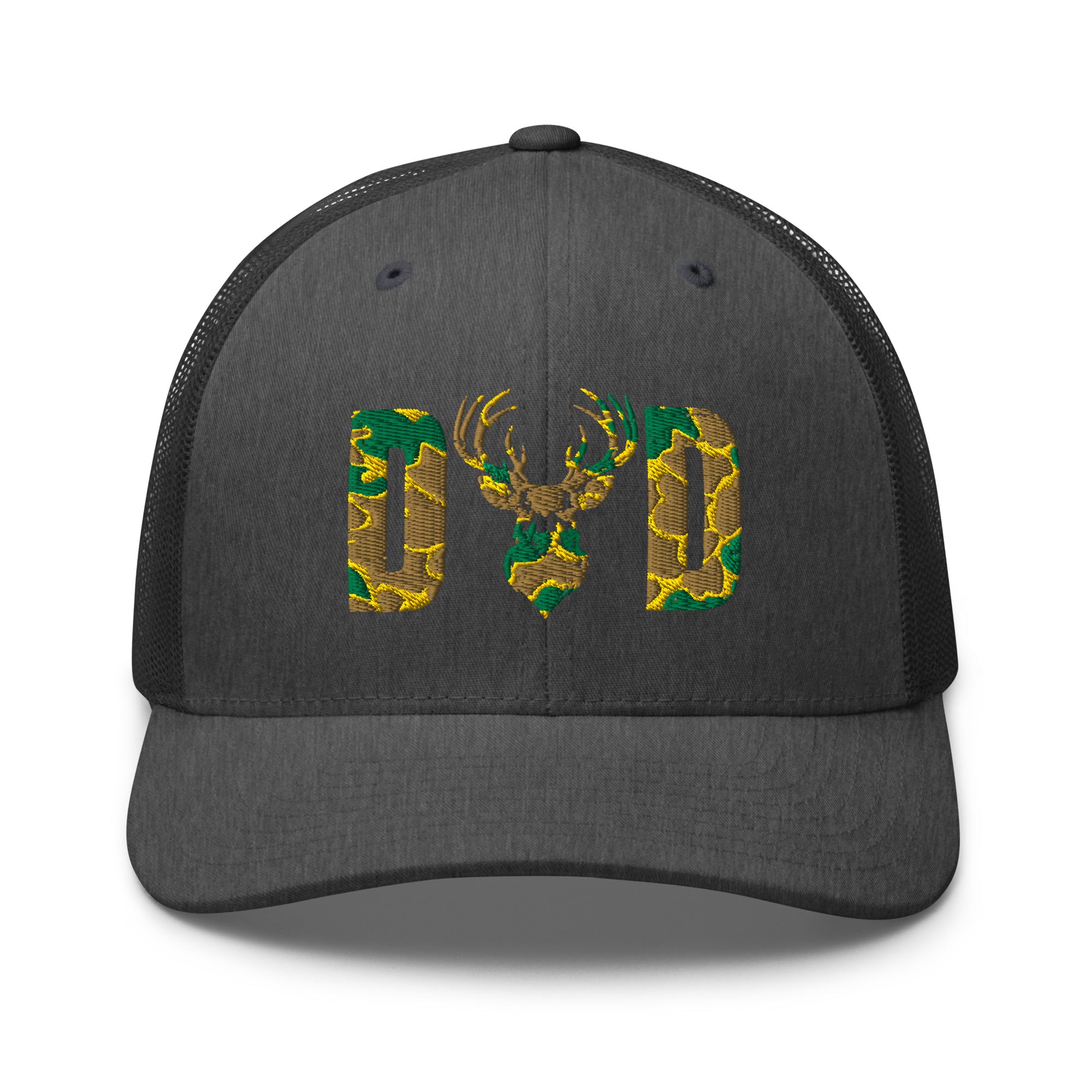 Camo deer DAD design on dark heather gray trucker hat front view | Hunting hat for dads