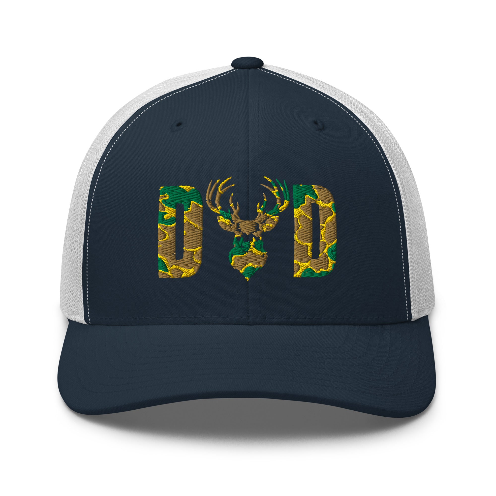Camo deer DAD design on navy and white trucker hat front view | Father's day gift for hunters