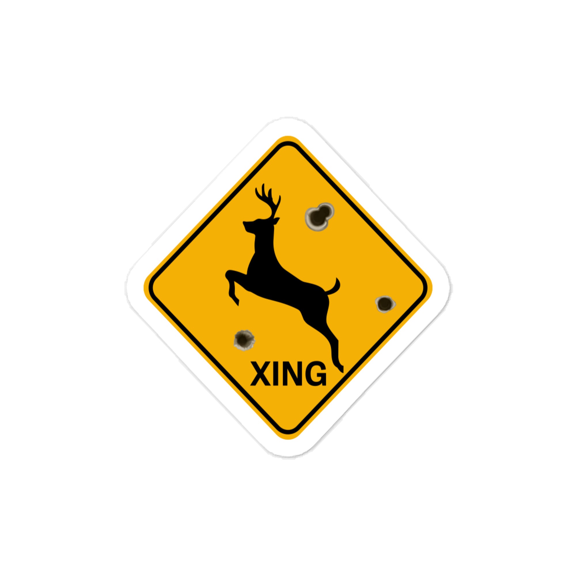 Small deer crossing hunting sign vinyl decal featuring a vintage “Xing” road sign design, perfect for laptops and water bottles.