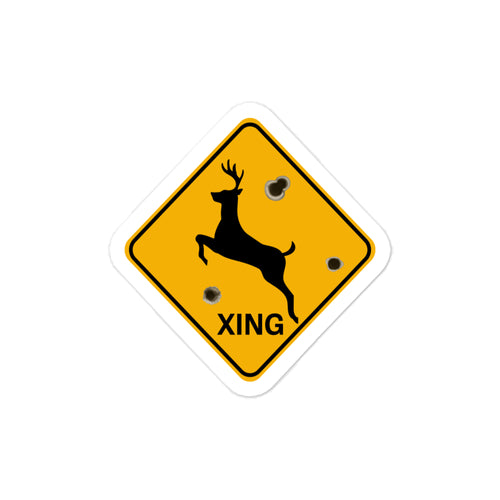 Small deer crossing hunting sign vinyl decal featuring a vintage “Xing” road sign design, perfect for laptops and water bottles.