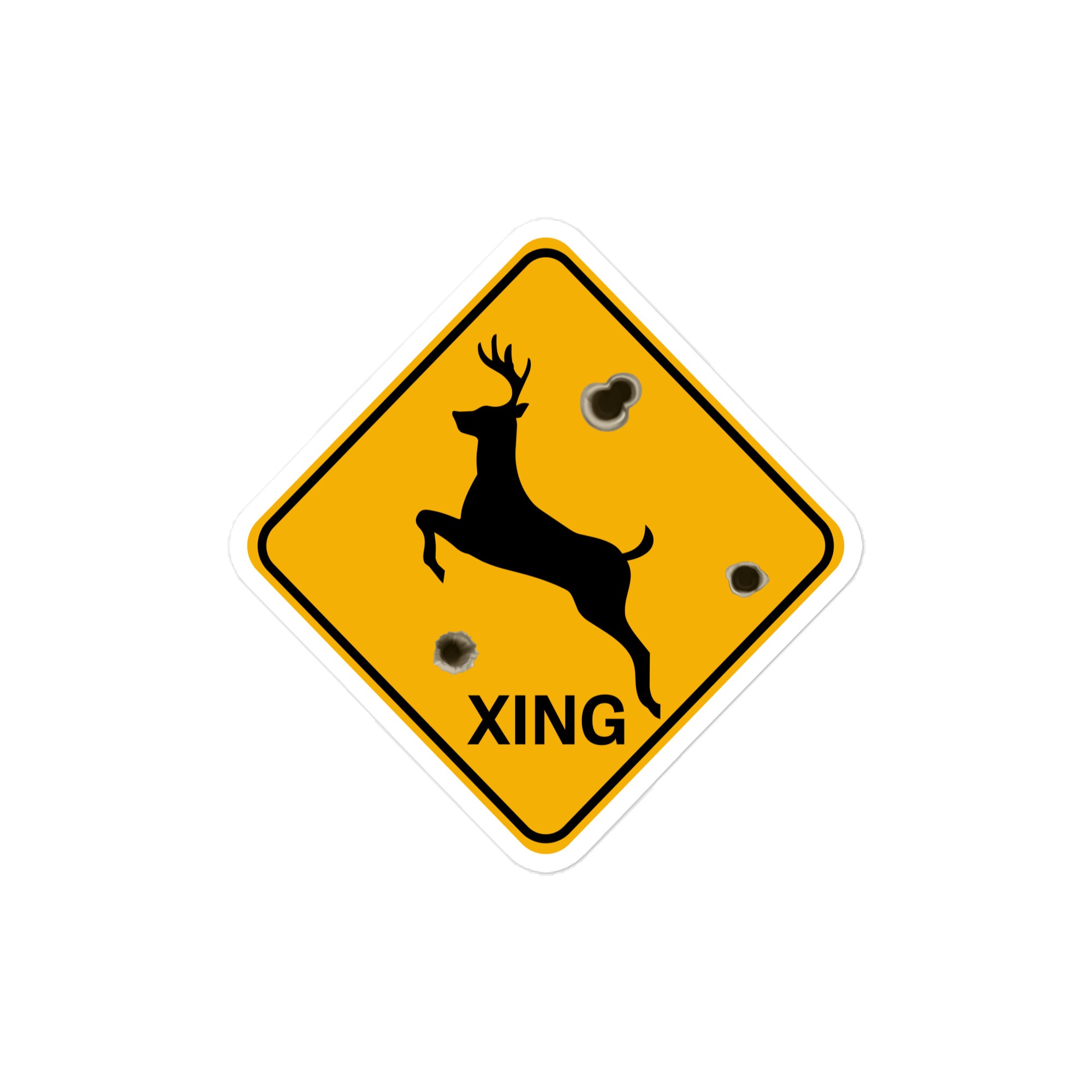 Medium deer crossing hunting sign vinyl decal with vintage “Xing” road sign design, ideal for car windows, trucks, and outdoor gear.