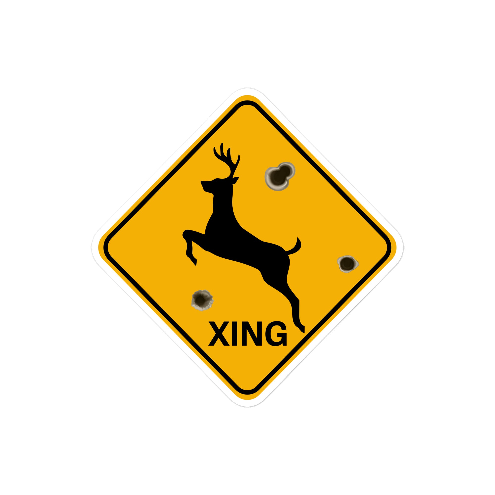 Large deer crossing hunting sign vinyl decal with vintage “Xing” road sign design, durable outdoor sticker for trucks, cars, and hunting equipment.