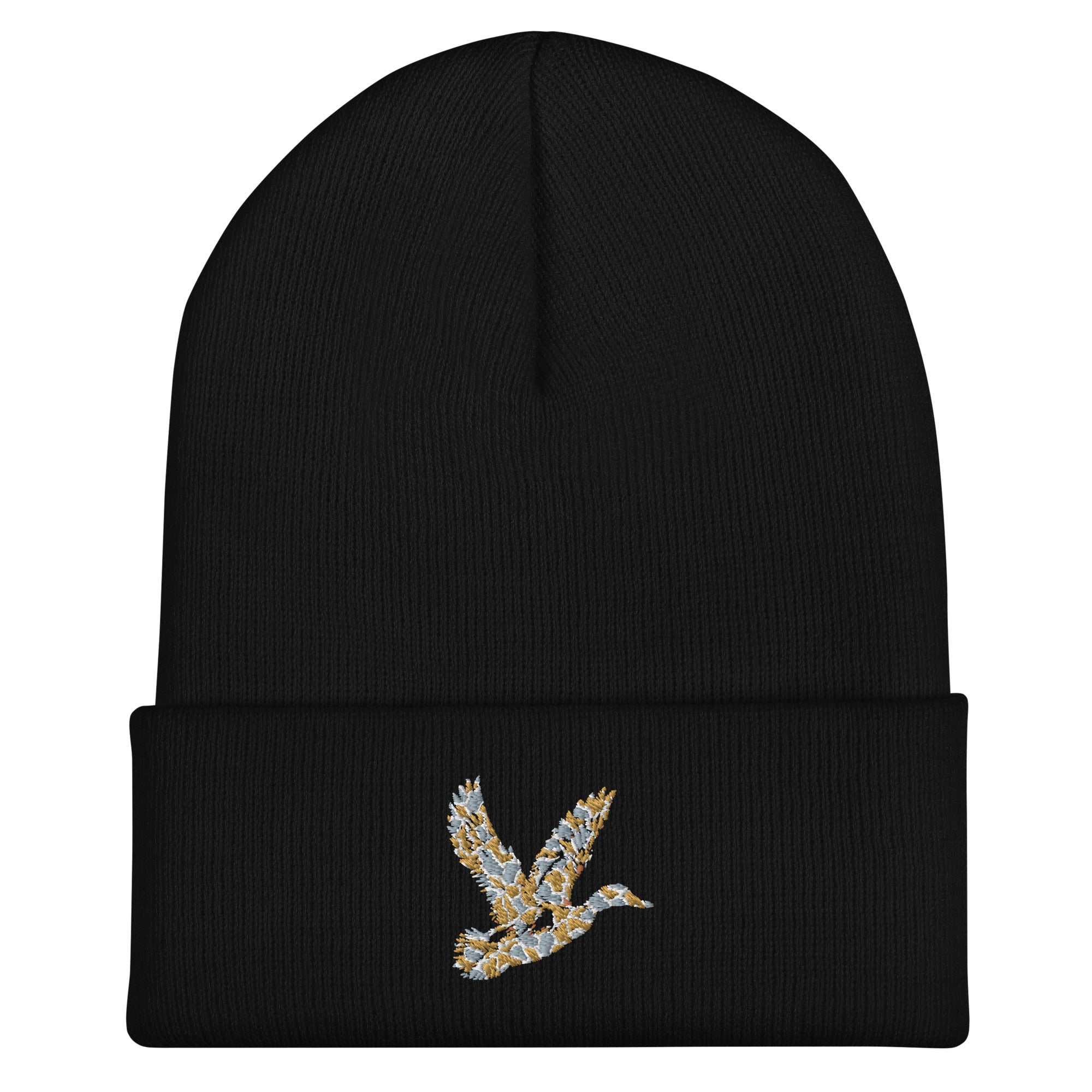 Duck Hunting camo cuffed beanie in black, snug hunting hat for cold weather