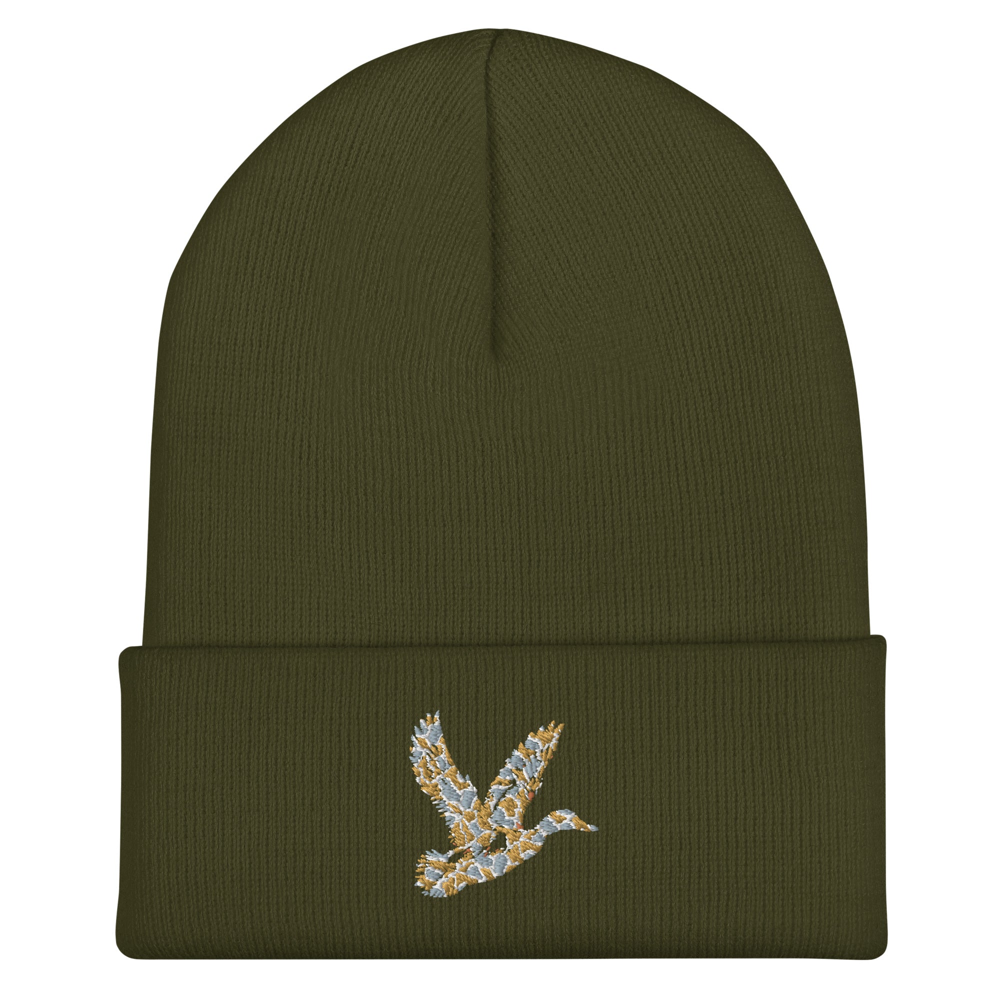 Duck Hunting camo cuffed beanie in olive, cozy outdoor hat for hunters