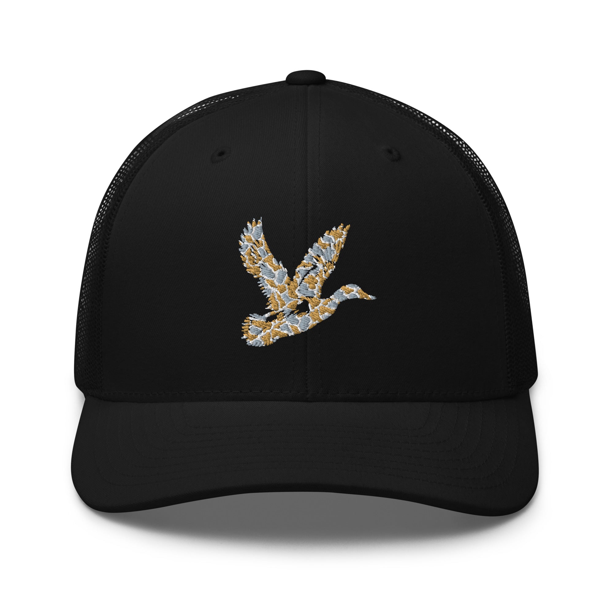 Duck Hunting camo trucker hat in black, breathable adjustable outdoor hat