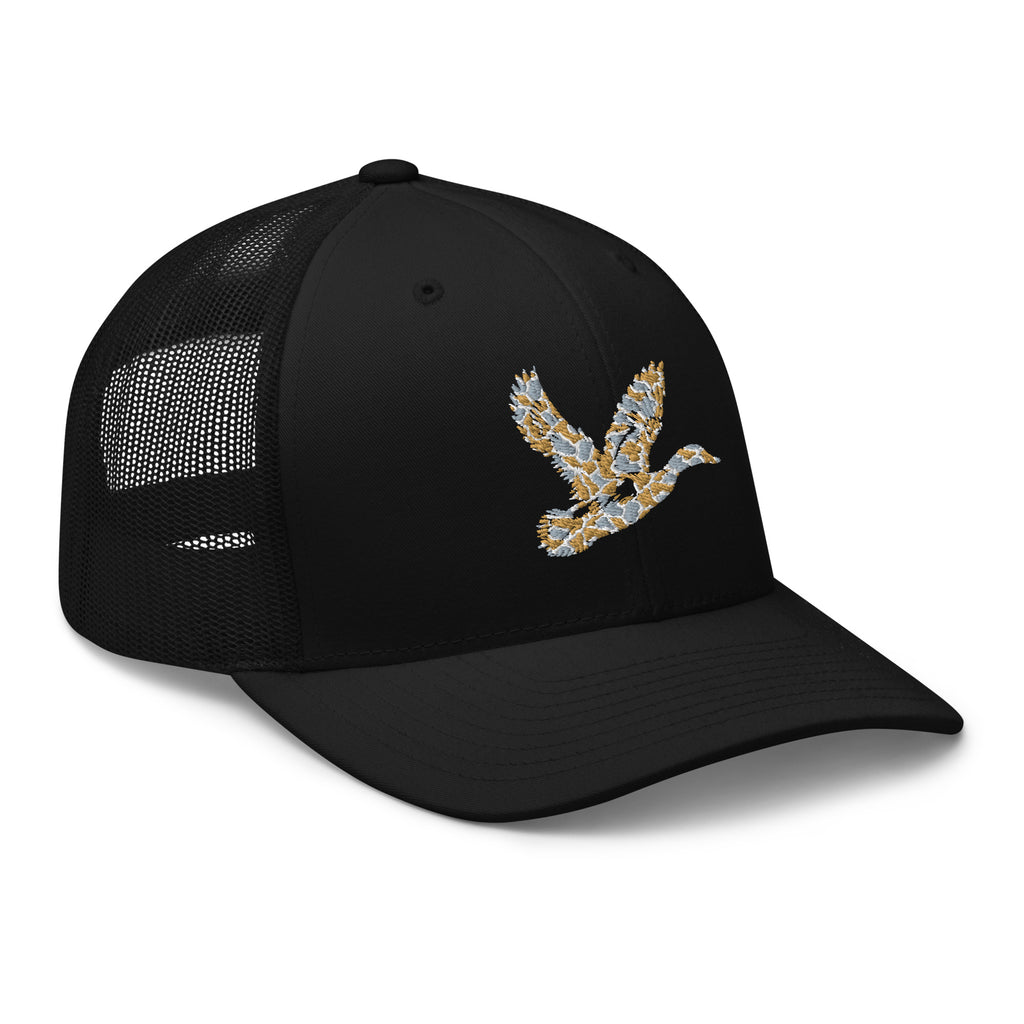 Duck Hunting camo trucker hat in black, rugged hunting lifestyle cap