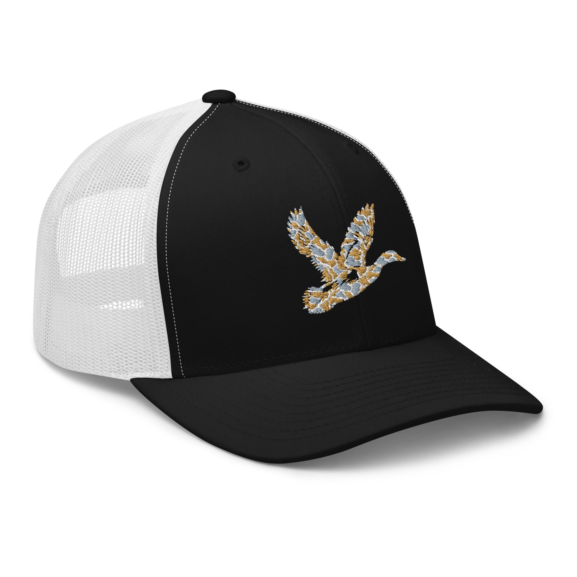 Duck Hunting camo trucker hat in black/white, adjustable graphic hunting cap