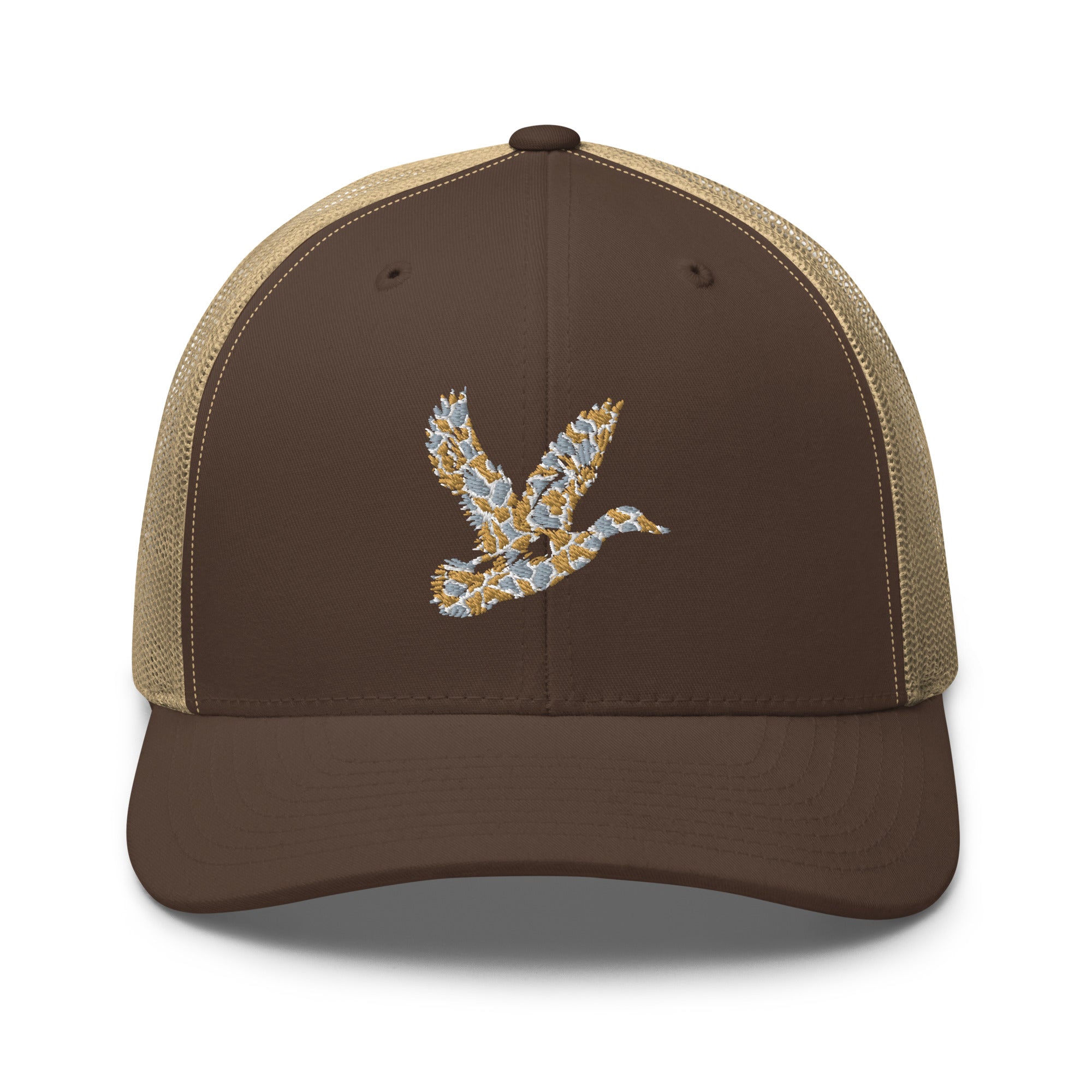Duck Hunting camo trucker hat in brown/khaki, adjustable outdoor hunting cap