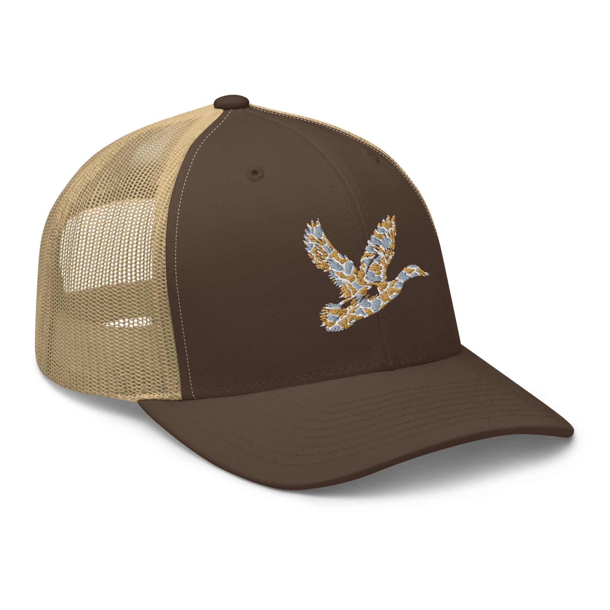 Duck Hunting camo trucker hat in brown/khaki, classic graphic hunting cap