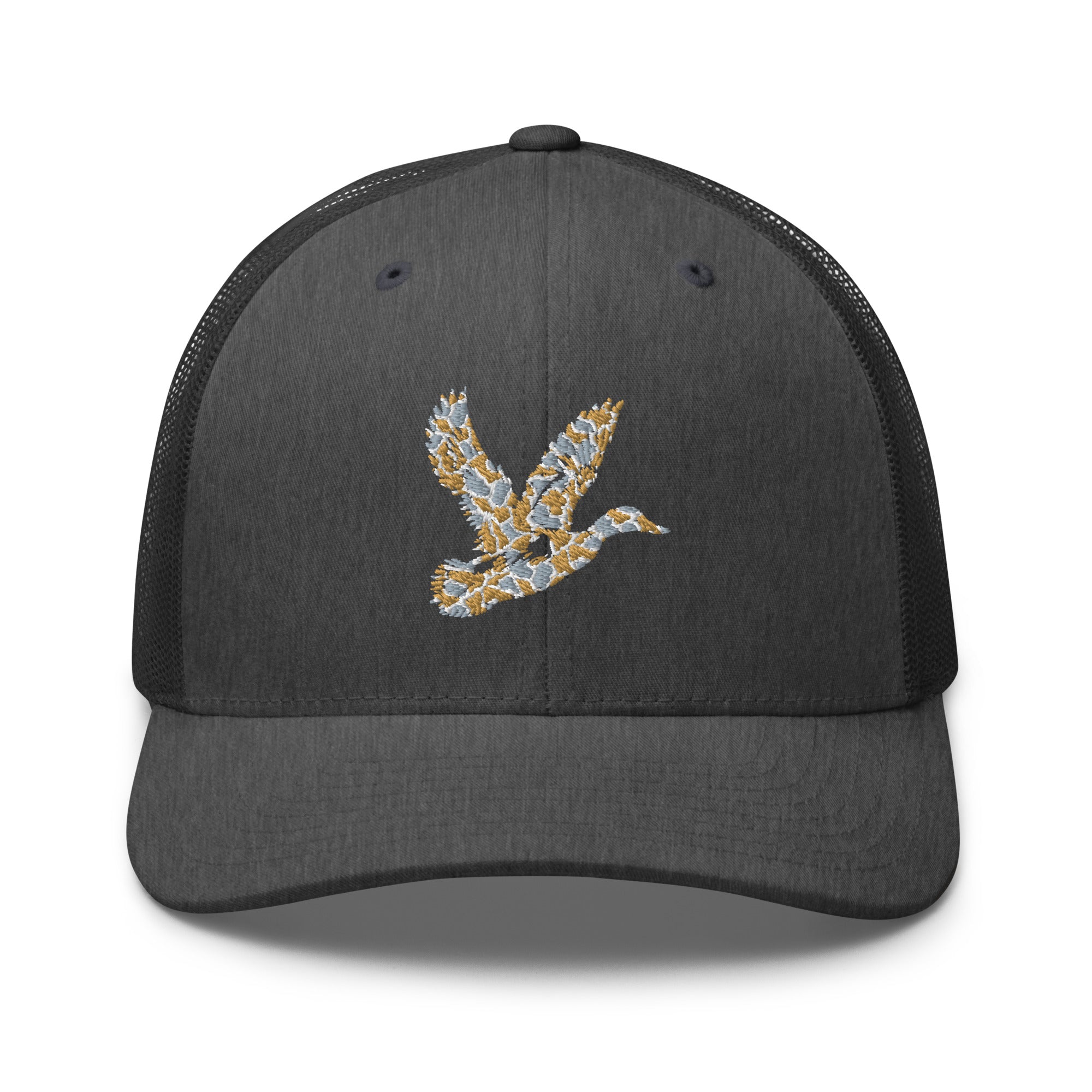 Duck Hunting camo trucker hat in dark heather gray, classic outdoor hunting cap