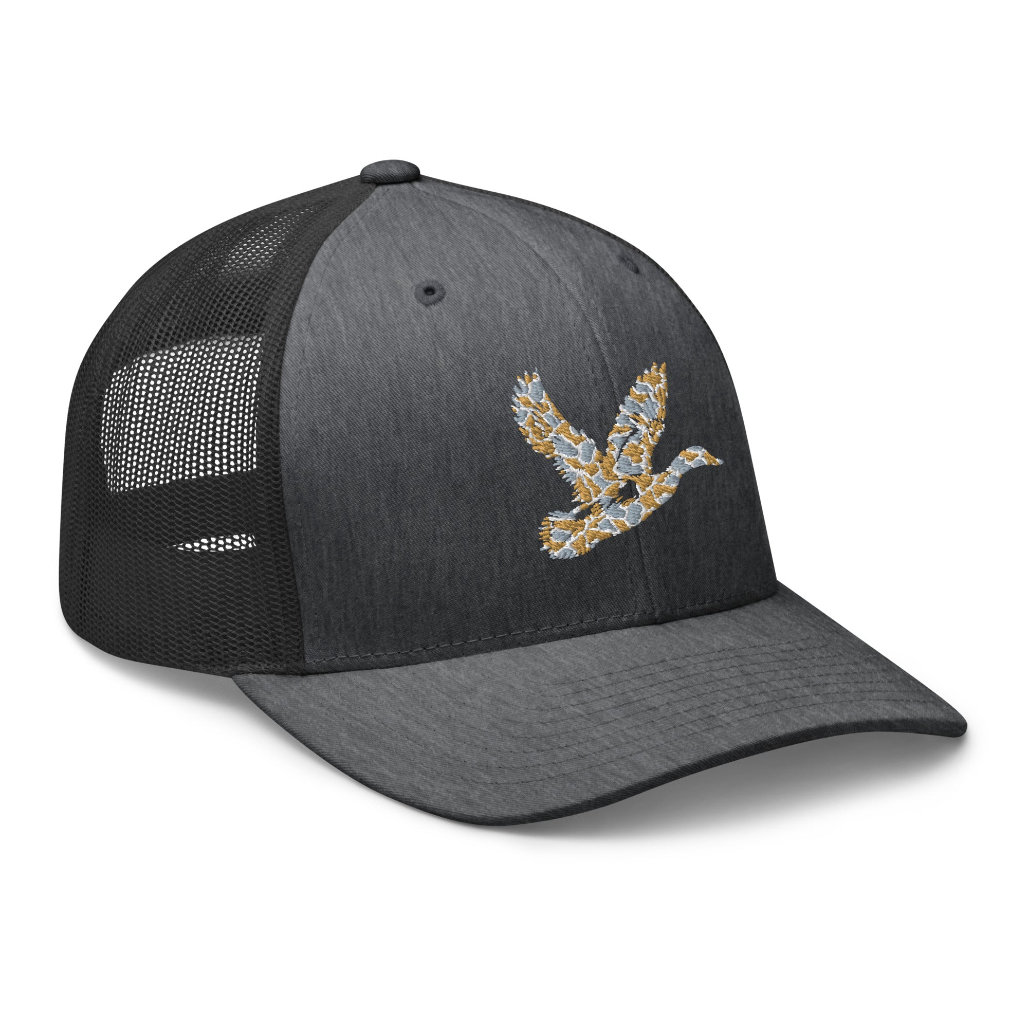 Duck Hunting camo trucker hat in dark heather gray, breathable adjustable hunting cap