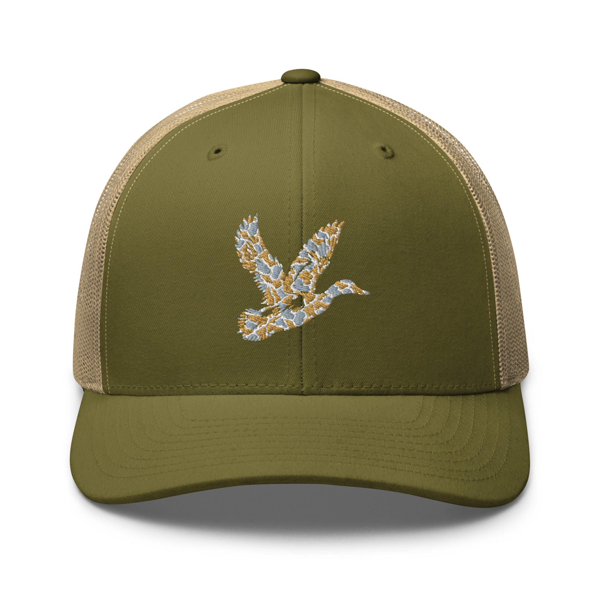 Duck Hunting camo trucker hat in moss/khaki, rugged hunting lifestyle cap