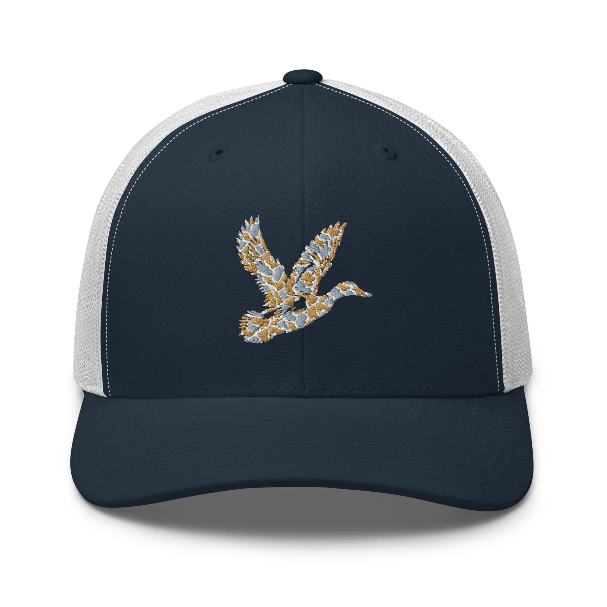 Duck Hunting camo trucker hat in navy/white, soft hunting cap for outdoor enthusiasts