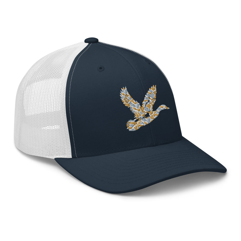 Duck Hunting camo trucker hat in navy/white, durable adjustable hunting cap