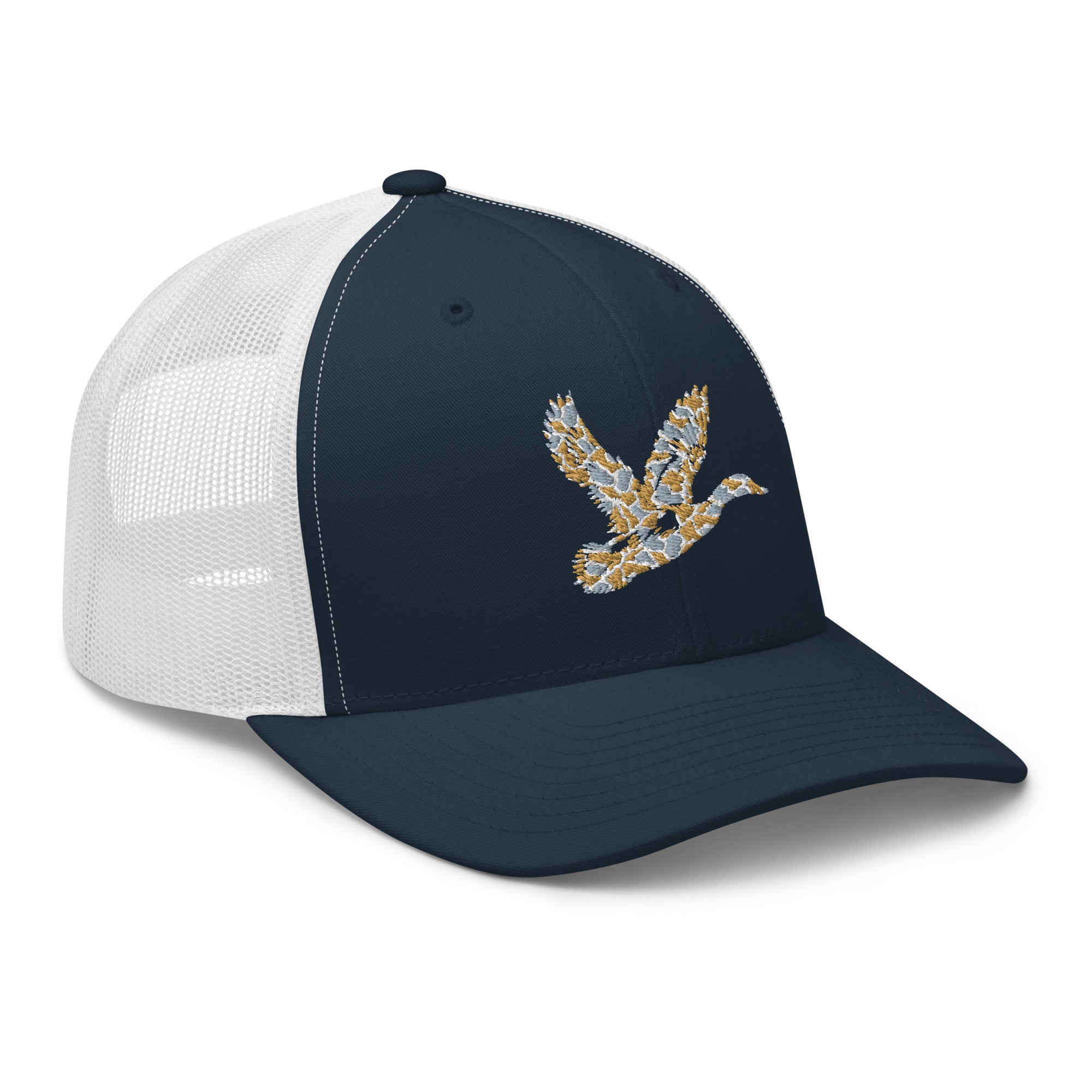 Duck Hunting camo trucker hat in navy/white, durable adjustable hunting cap