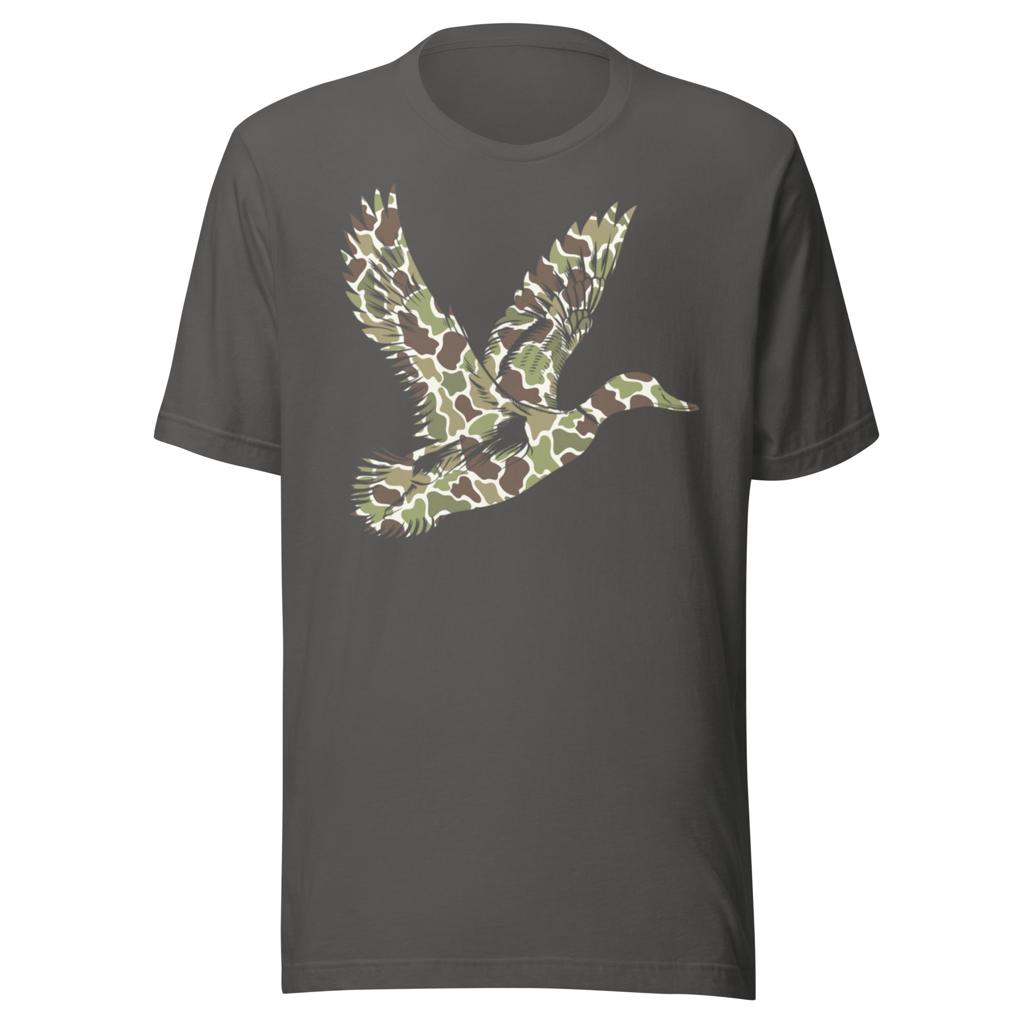 Duck hunting camo graphic tee in asphalt gray, soft hunting lifestyle shirt