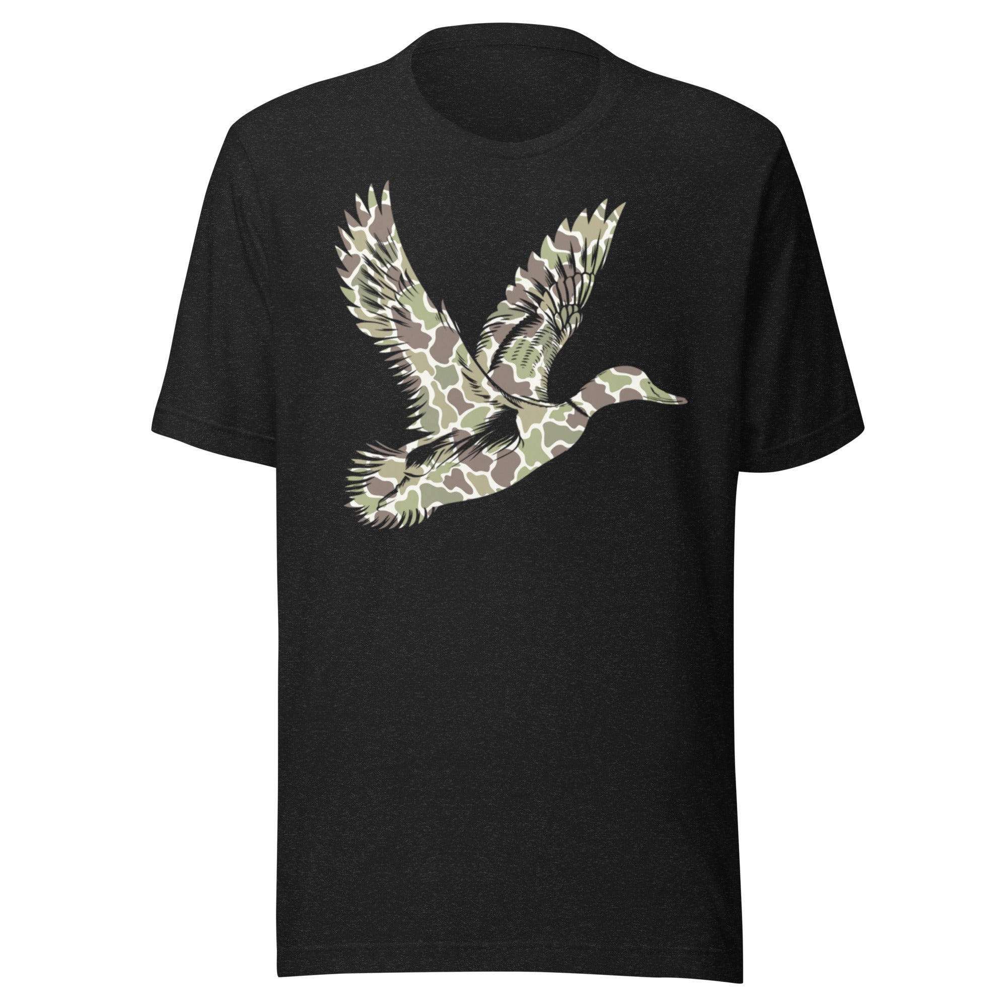 Duck hunting camo graphic tee in black heather for hunters and outdoor lifestyle