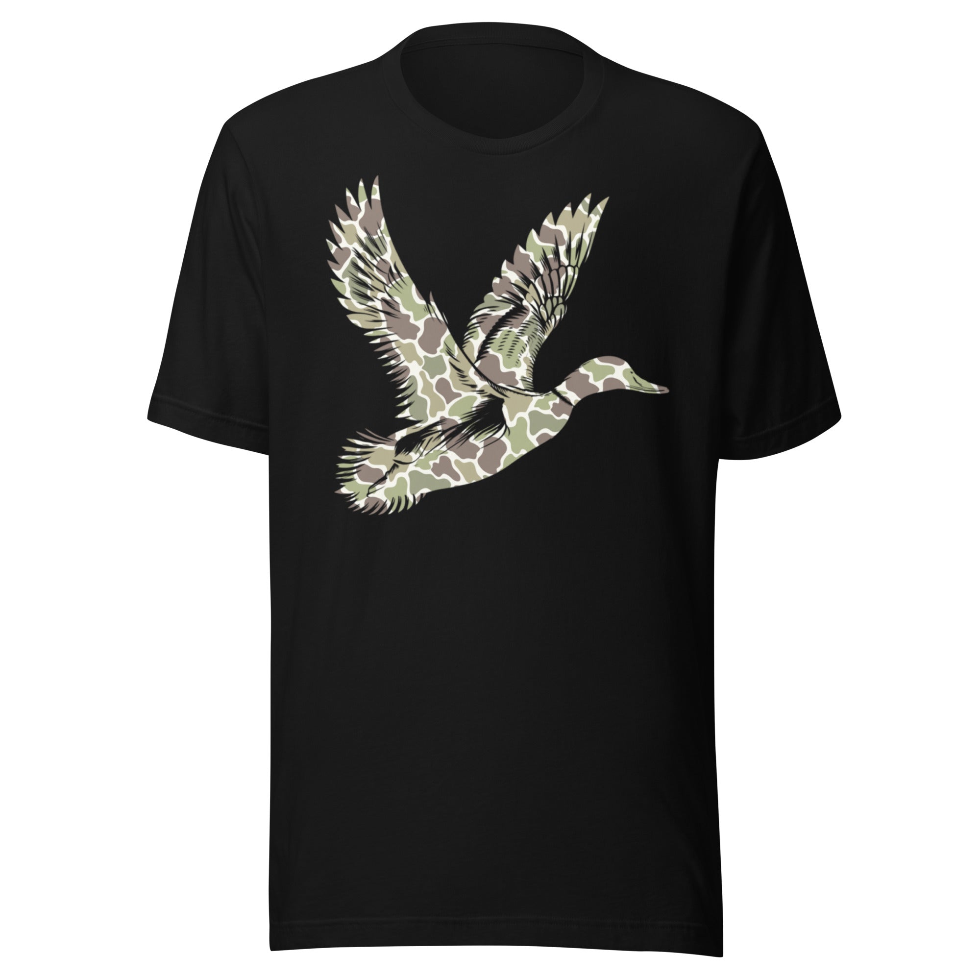 Duck hunting camo graphic tee in black, comfortable outdoor shirt