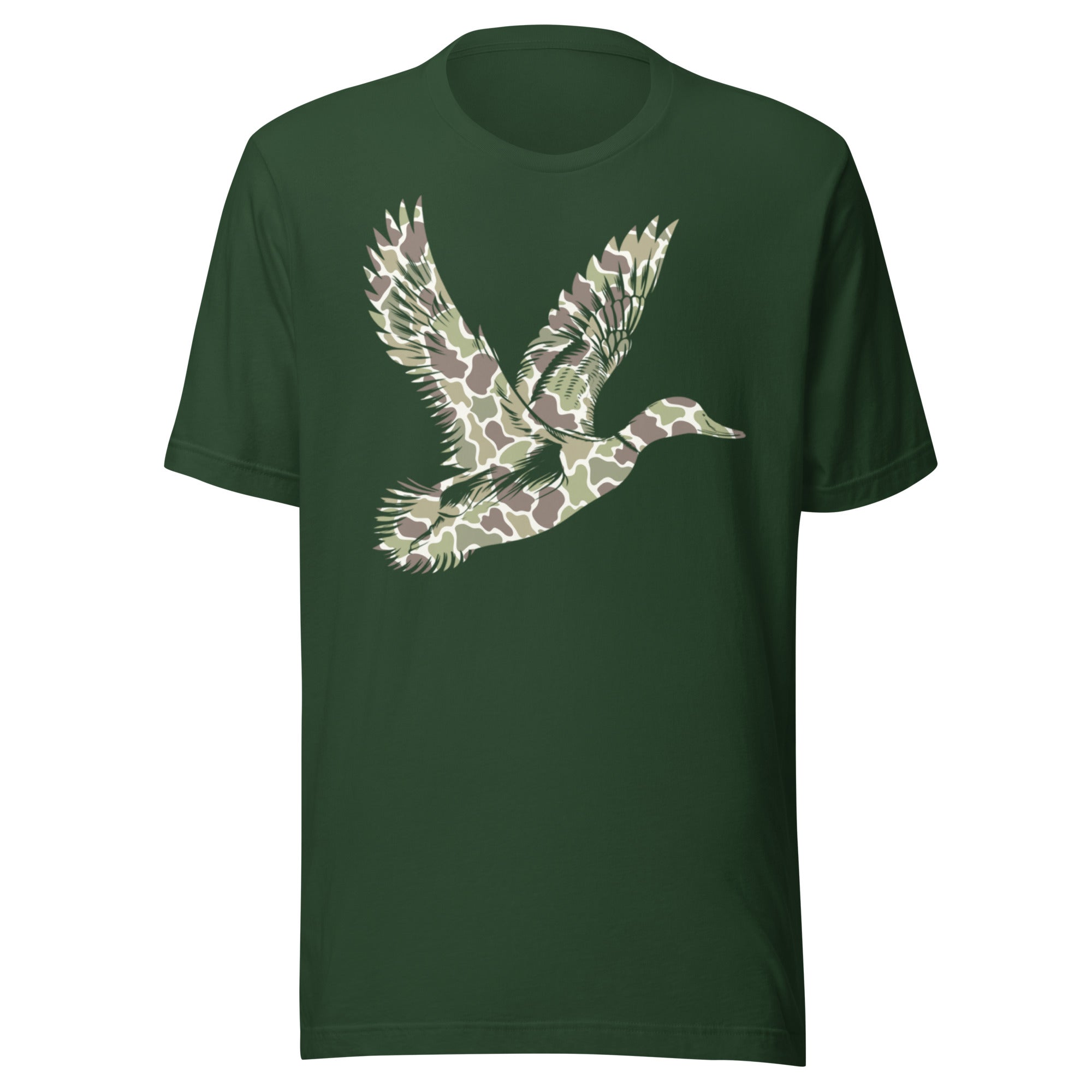 Duck hunting camo graphic tee in forest green for hunters and outdoor use
