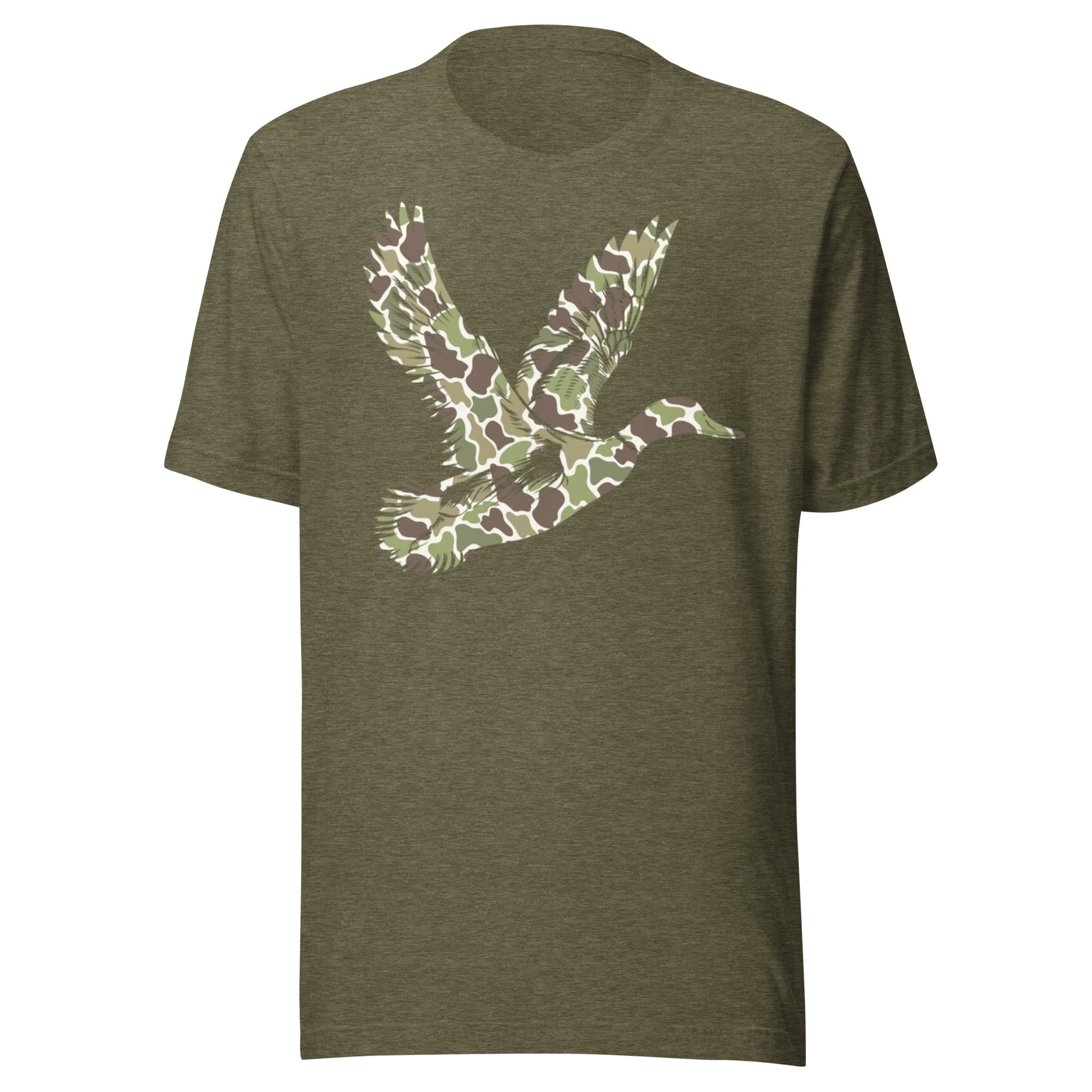 Duck hunting camo graphic tee in heather olive, perfect outdoor shirt for hunters