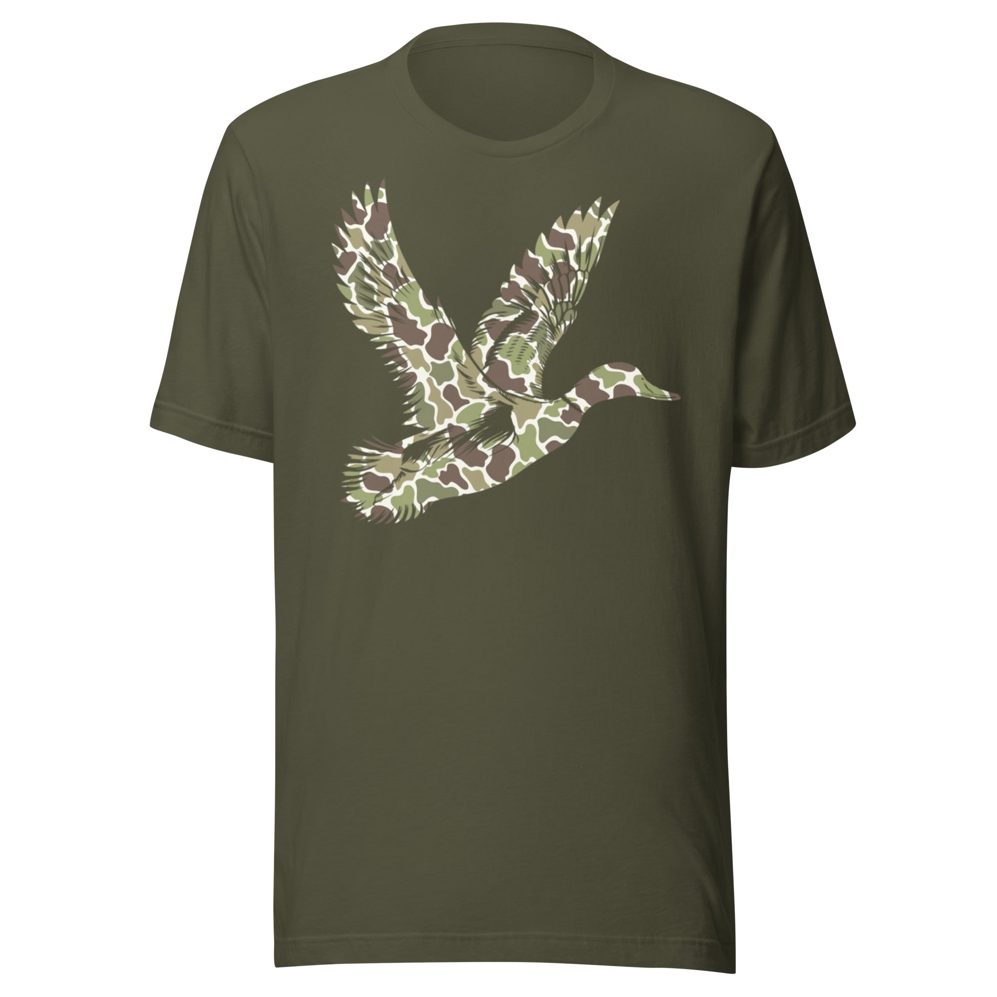 Duck hunting camo graphic tee in military green, perfect outdoor shirt for hunters