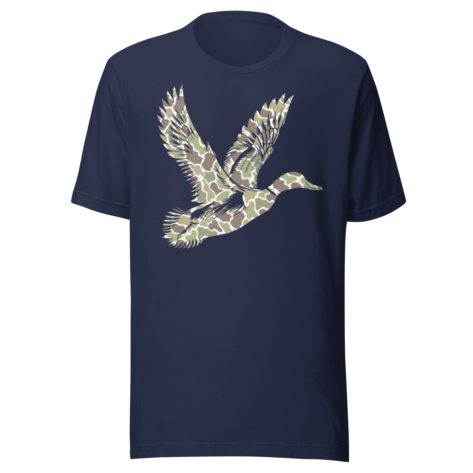 Duck hunting camo graphic tee in navy, soft hunting shirt for outdoor enthusiasts
