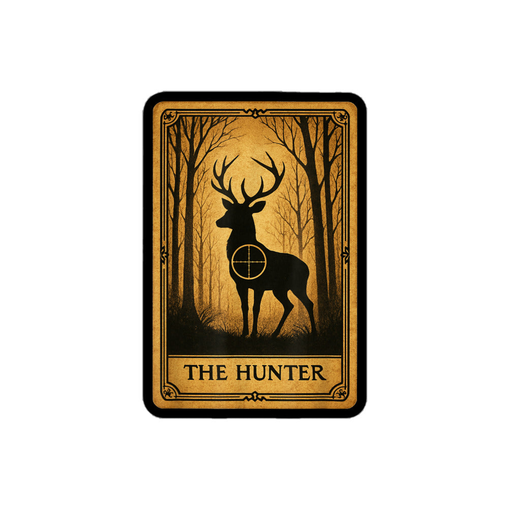 4x2.6 inch The Hunter tarot card sticker with deer silhouette and crosshairs, weatherproof vinyl