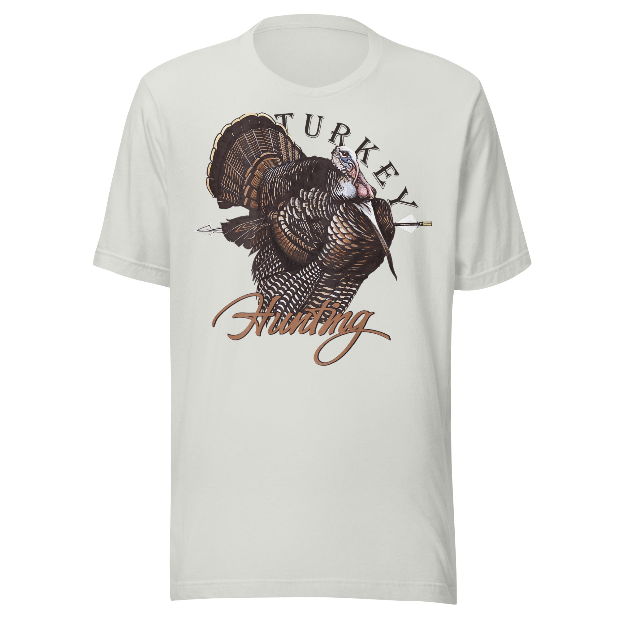 Turkey hunting archery apparel in silver, durable ring-spun cotton shirt for bow hunters and archery enthusiasts