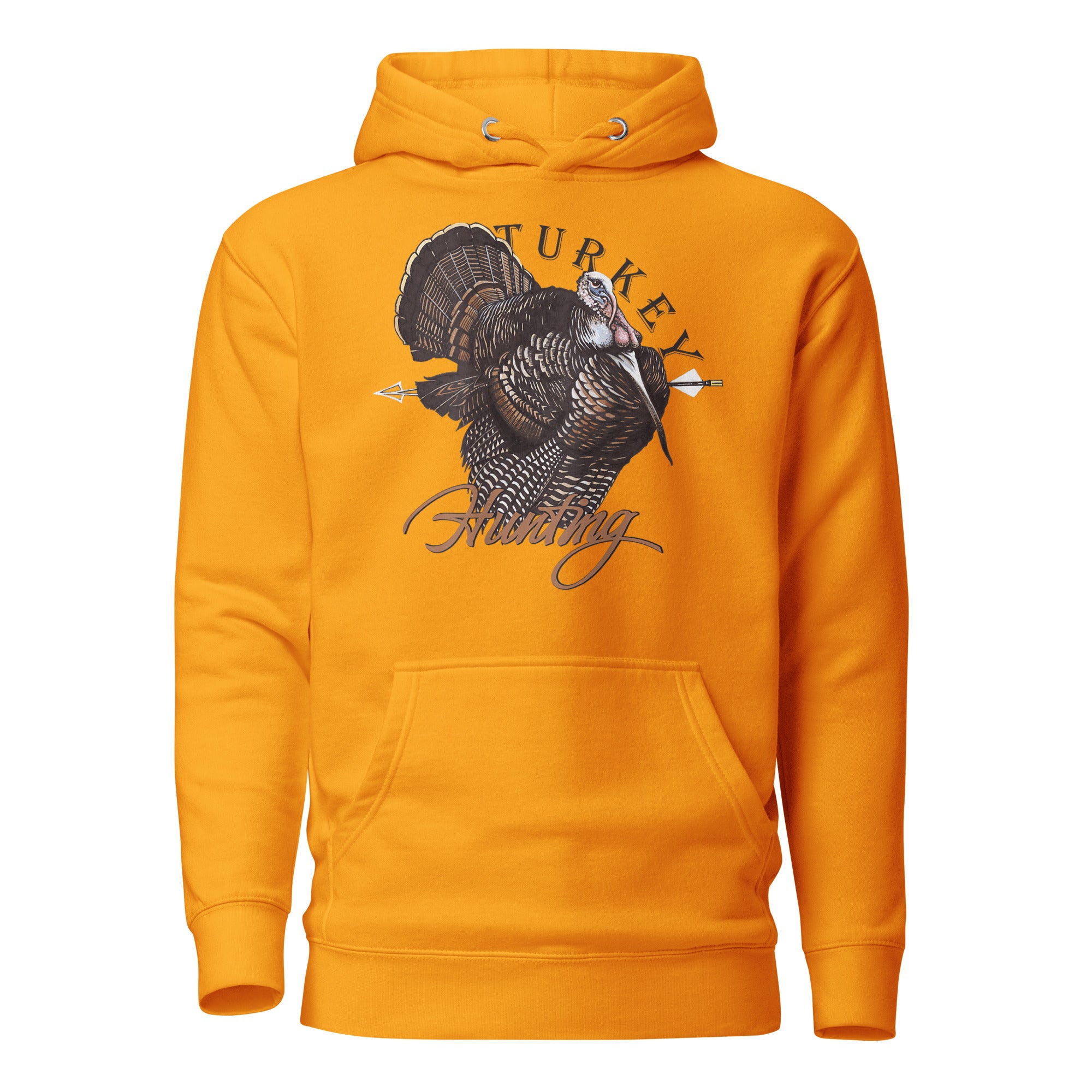 Gold turkey hunting archery hoodie with turkey and arrow design, hunting camp sweatshirt